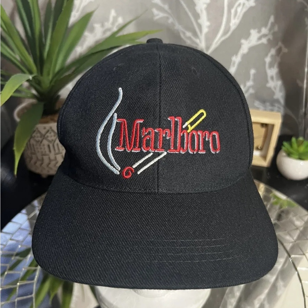 Vintage Marlboro Cigarettes Logo 90's Trucker Hat Black Adjustable Leather Strap